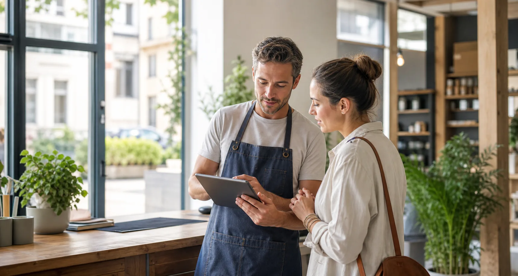 Un professionnel local présente ses services à une cliente sur une tablette